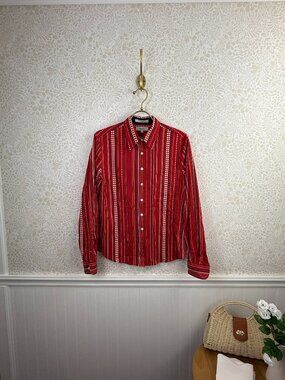 Faconnable Cotton Blend Red Dot Striped Button-Down Shirt - Size - Small